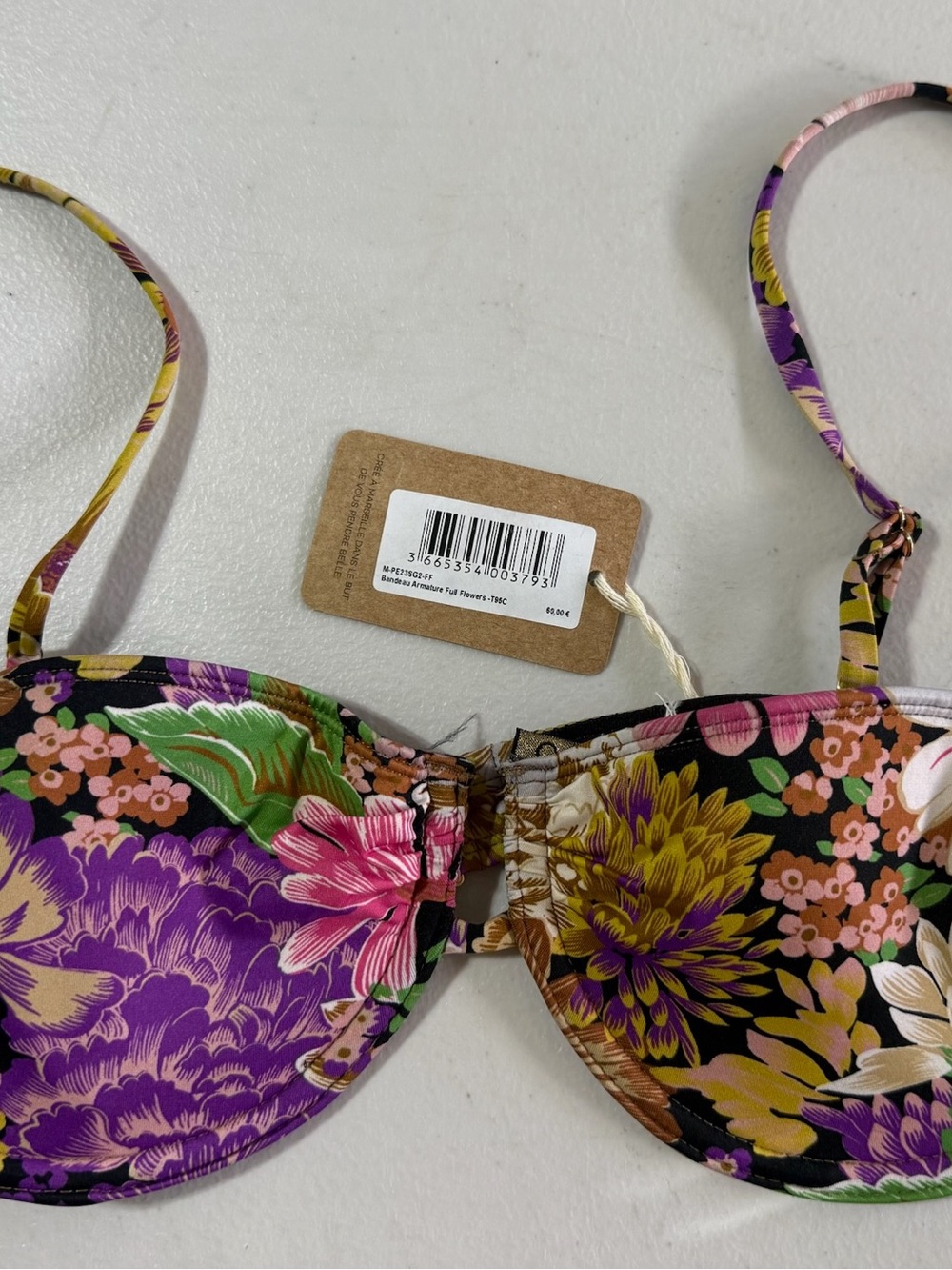 NOO Swimwear Women's Floral Underwire Bikini top- Black Purple Floral